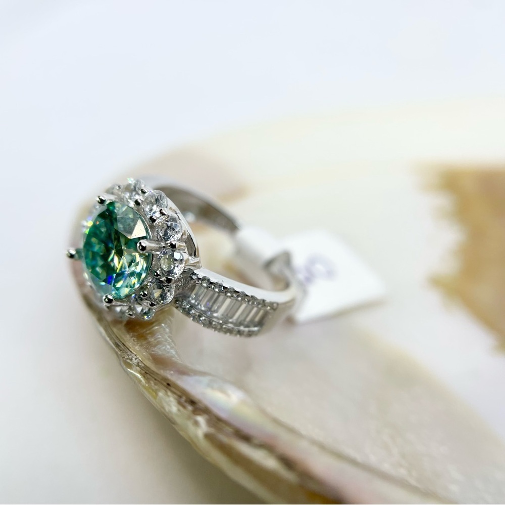 Moissanite Halo Ring Aqua Blue Center & Baguette Accents 18K White Gold Finish - Picture 15 of 16